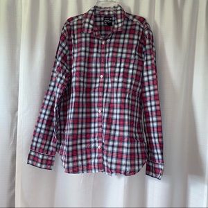 Navy Blue & Pink Plaid Button Down Shirt